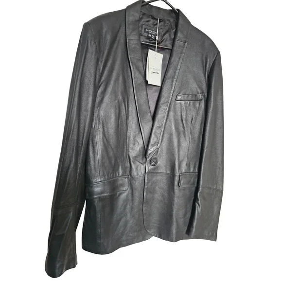 LAMARQUE Collection‎ Black Leather Shawl Collar Blazer Jacket Men Size 44 - Picture 2 of 10